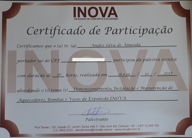Certificado INOVA de participação em palestra técnica sobre dimensionamento, instalação e manutenção de aquecedores, 2017
