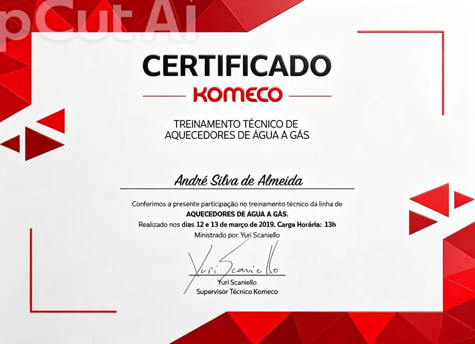 Certificado Komeco de treinamento técnico em aquecedores de água a gás, 2019
