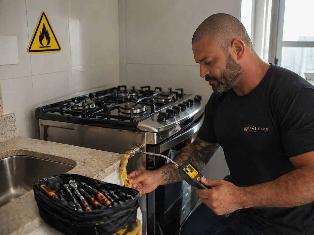 Técnico da Gás Fixe testando vazamento em fogão com detector digital